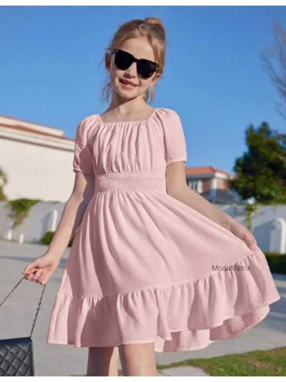 Girls Tie Back Off Shoulder Ruffle Hem A-Line Party Dress